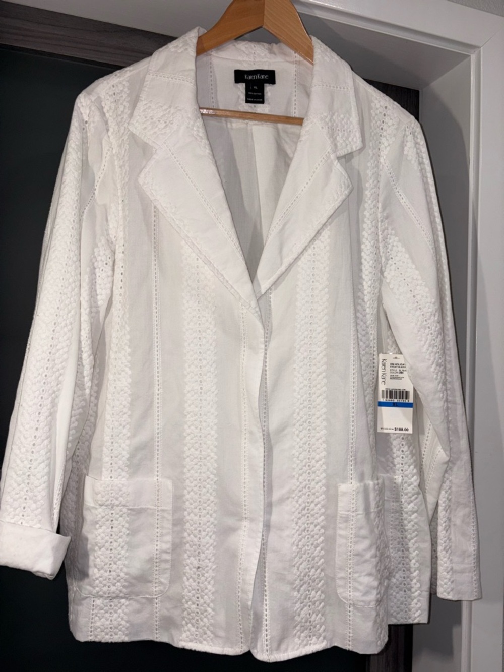 Karen Kane White Eyelet Stripe Tailored Blazer 100% Cotton